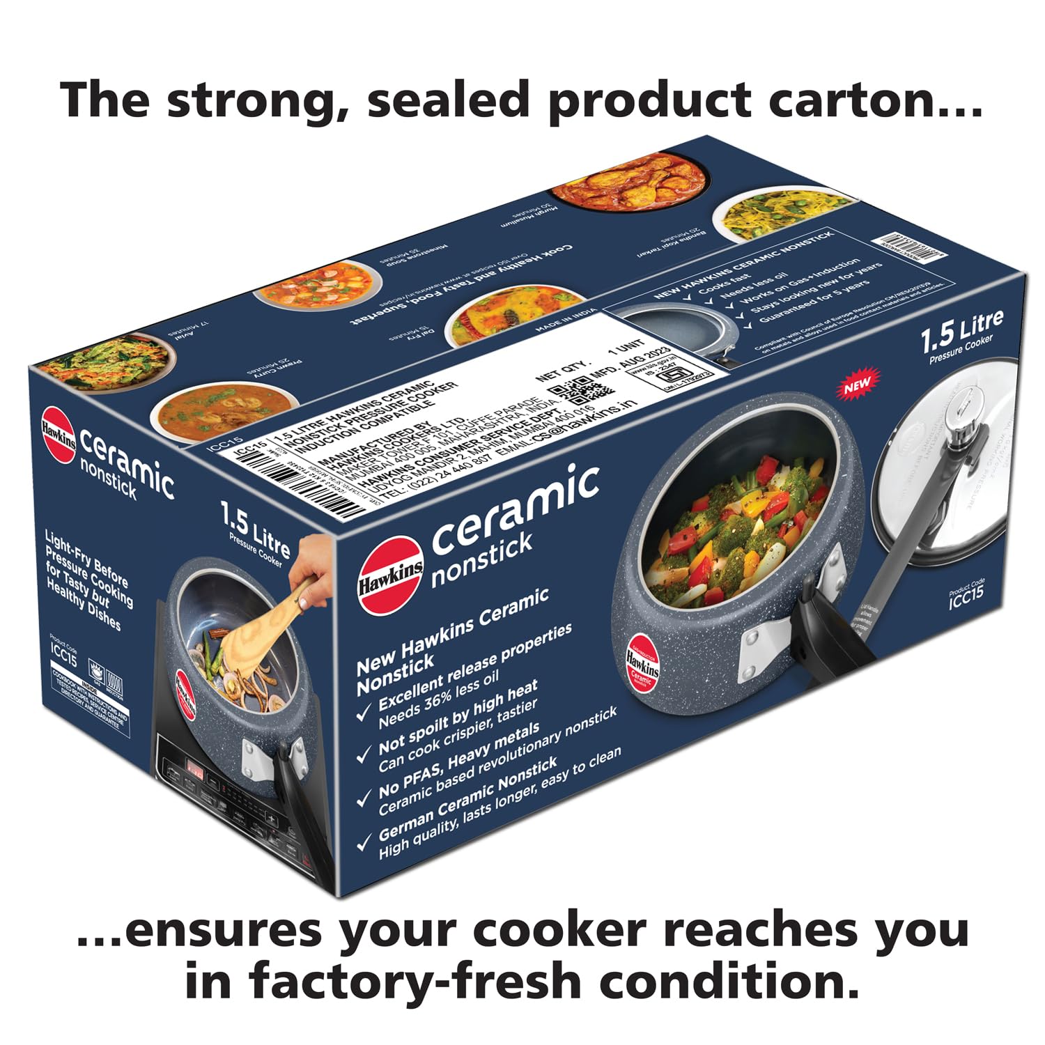 Hawkins 1.5 Litre Ceramic Nonstick Pressure Cooker, Induction Inner Lid Baby Cooker, Granite Contura shaped Cooker