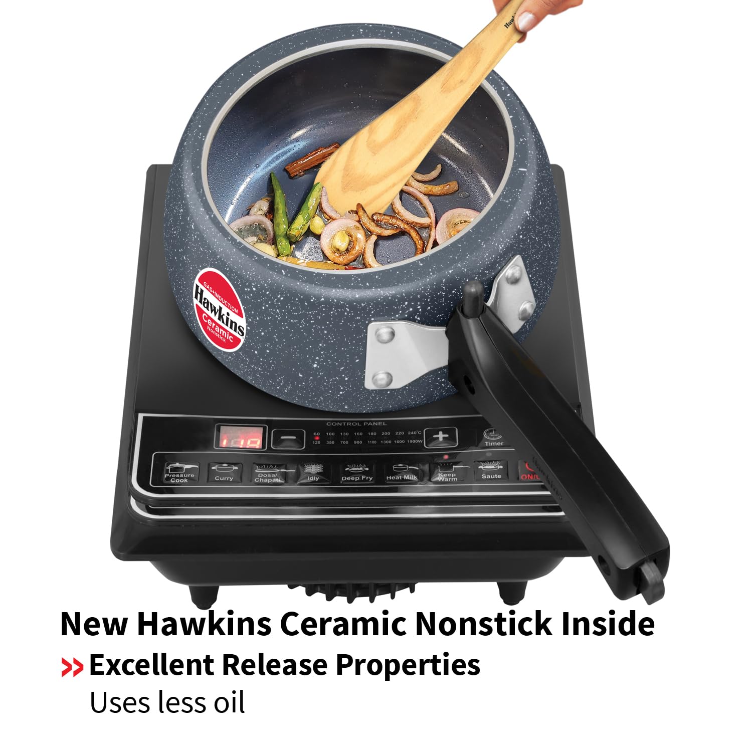 Hawkins 1.5 Litre Ceramic Nonstick Pressure Cooker, Induction Inner Lid Baby Cooker, Granite Contura shaped Cooker